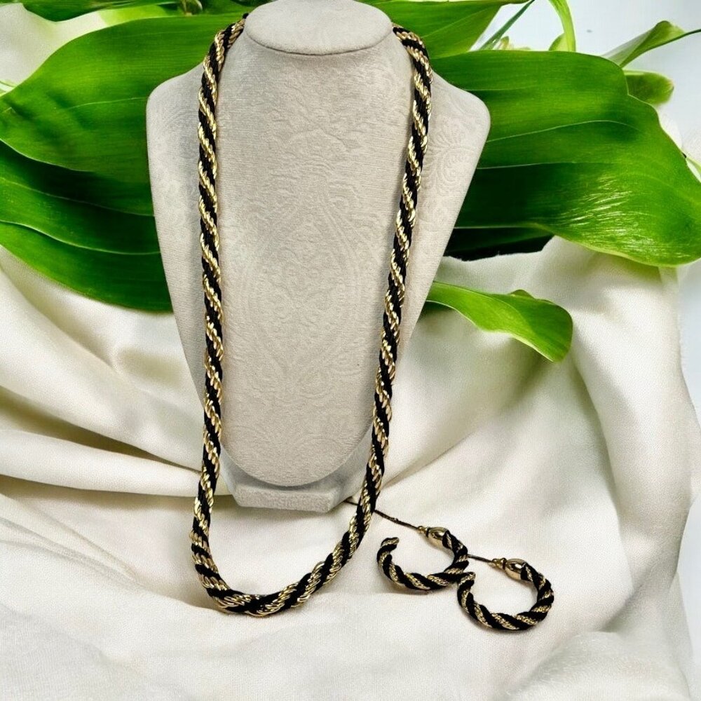 Gold & Black Braided Rope Necklace & Hoop Earrings Set